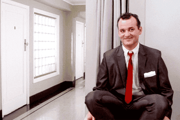 GIF of Bill Murray from Little Shop of Horrors excitedly sitting atop a chair