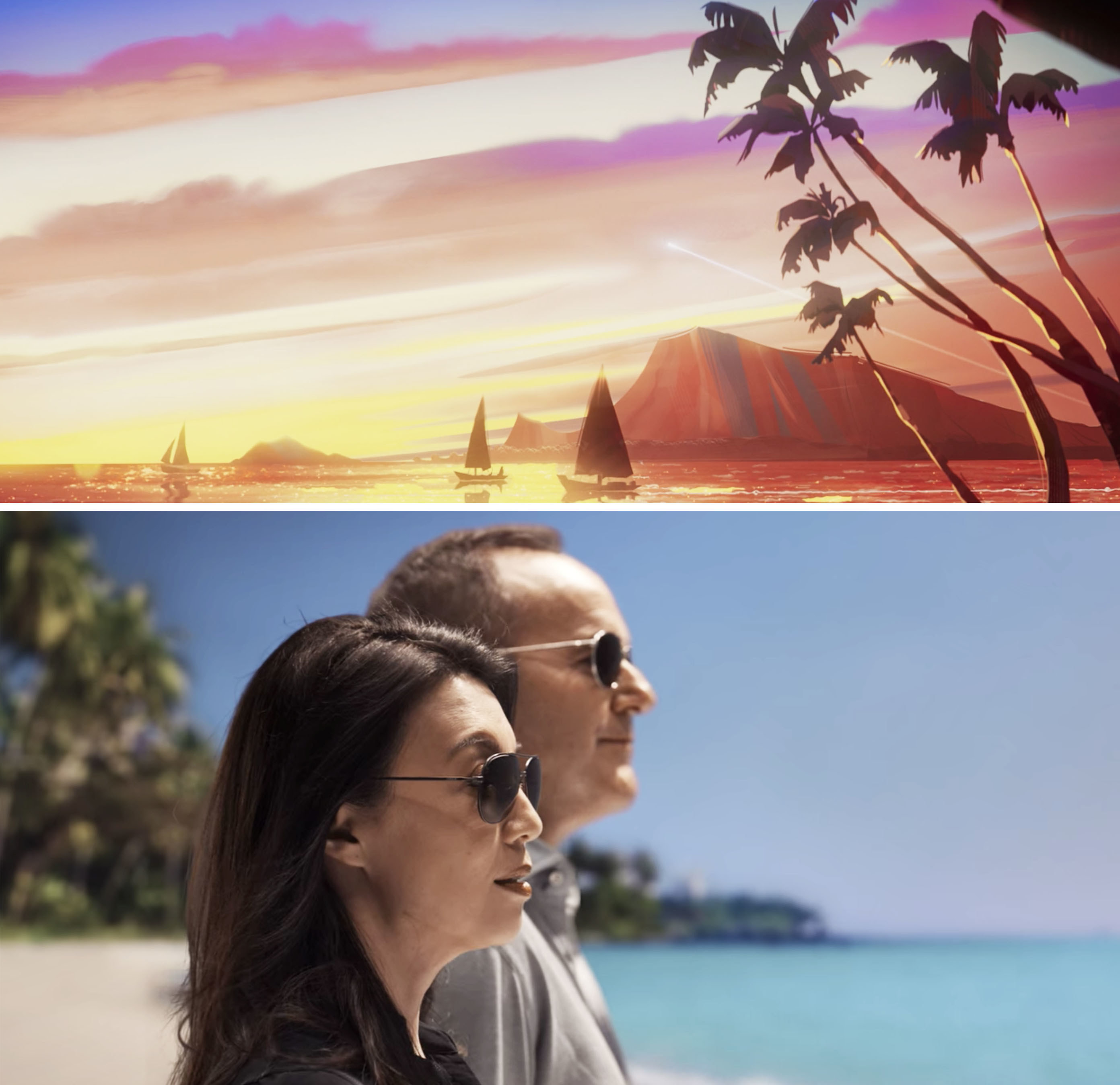 A beautiful island at sunset vs May and Coulson standing on a beach