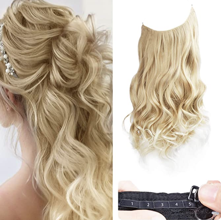 Woman wearing hair extensions and photo of extensions as well as the back, which shows they&#x27;re adjustable