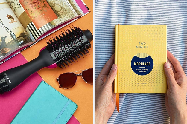 to the left: a blow dryer brush, to the right: a two minute morning journal