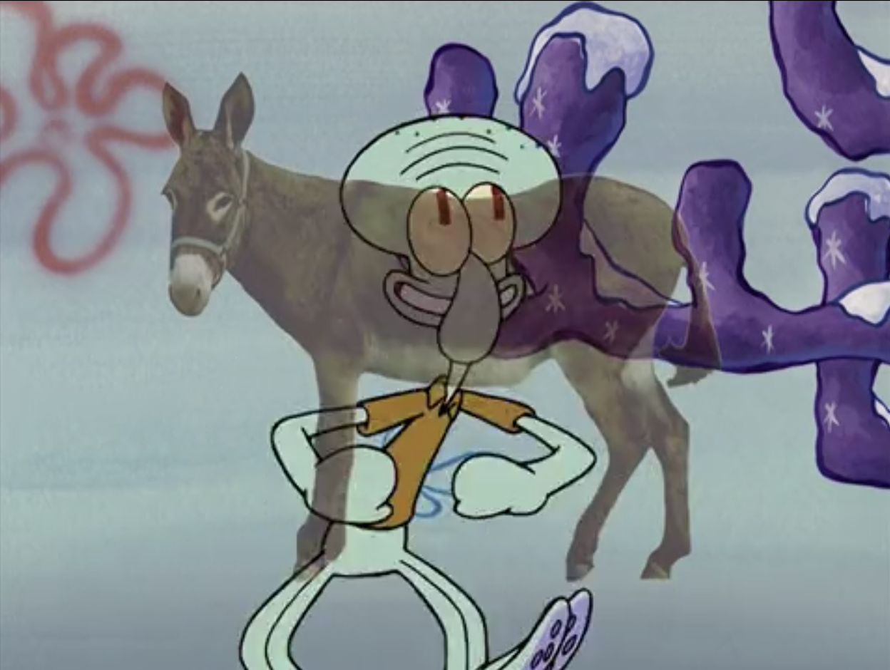 a real image of a donkey appears over an animated squidward