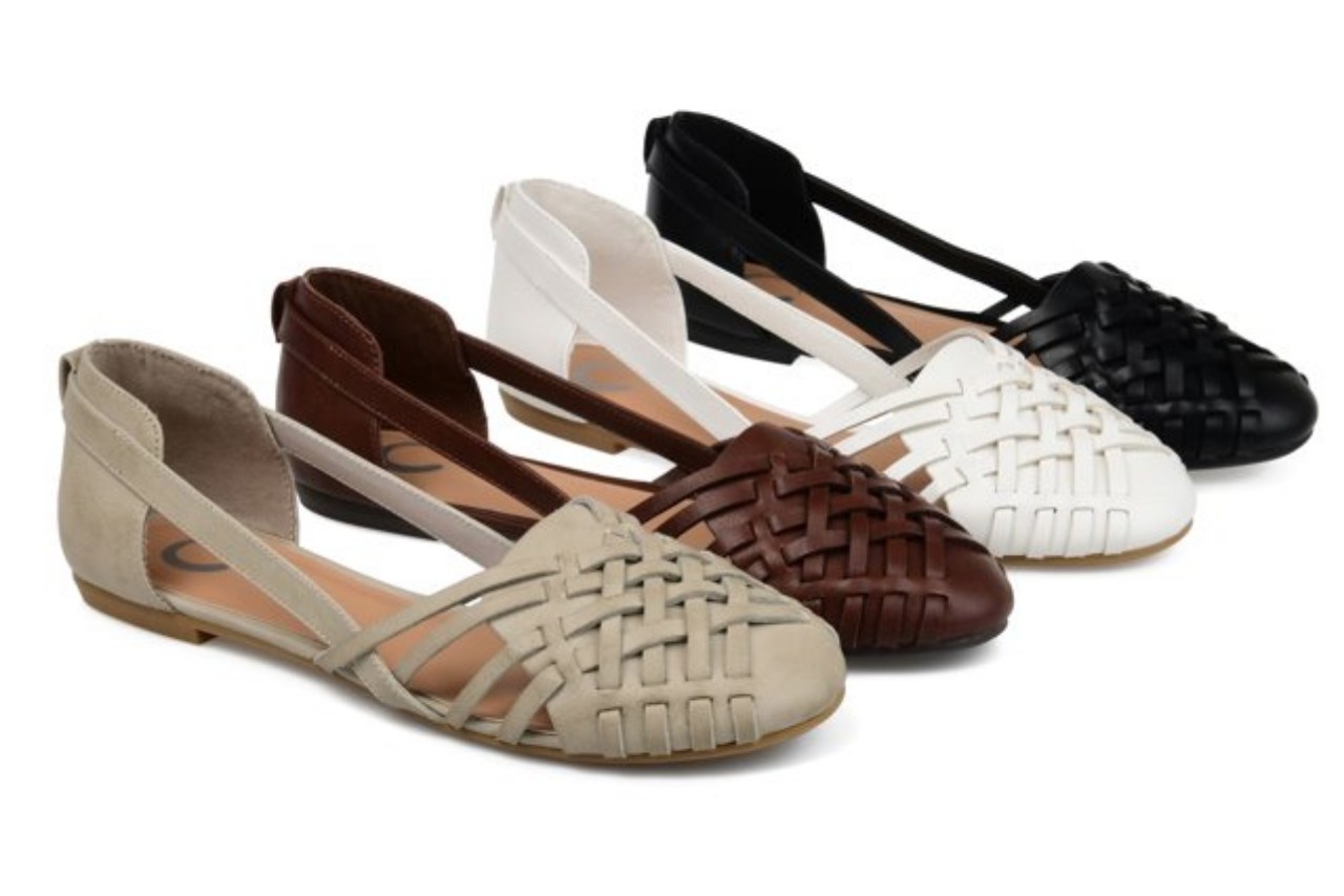 One gray, one brown, one white, and one black basketweave style flats