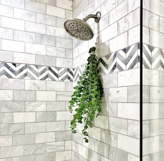 The eucalyptus bundle under a shower head in a bathroom