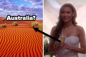 A bright desert in Australia and Santana Lopez holds a glass of champagne at wedding in "Glee"