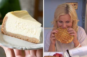 On the left, a slice of cheesecake on a plate, and on the right, Leslie Knope holding a waffle up to her mouth and taking a bite