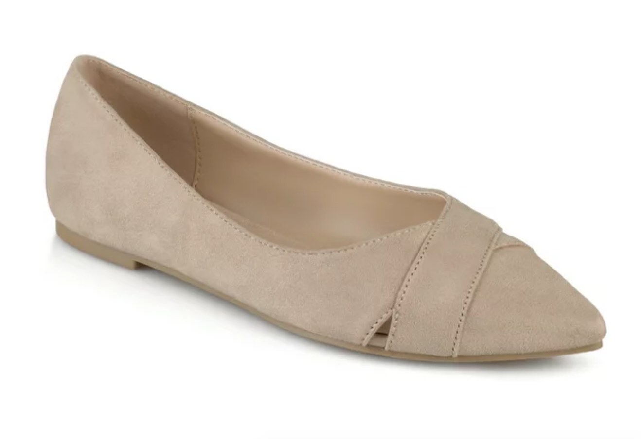 Taupe, suede, pointed-toe flats