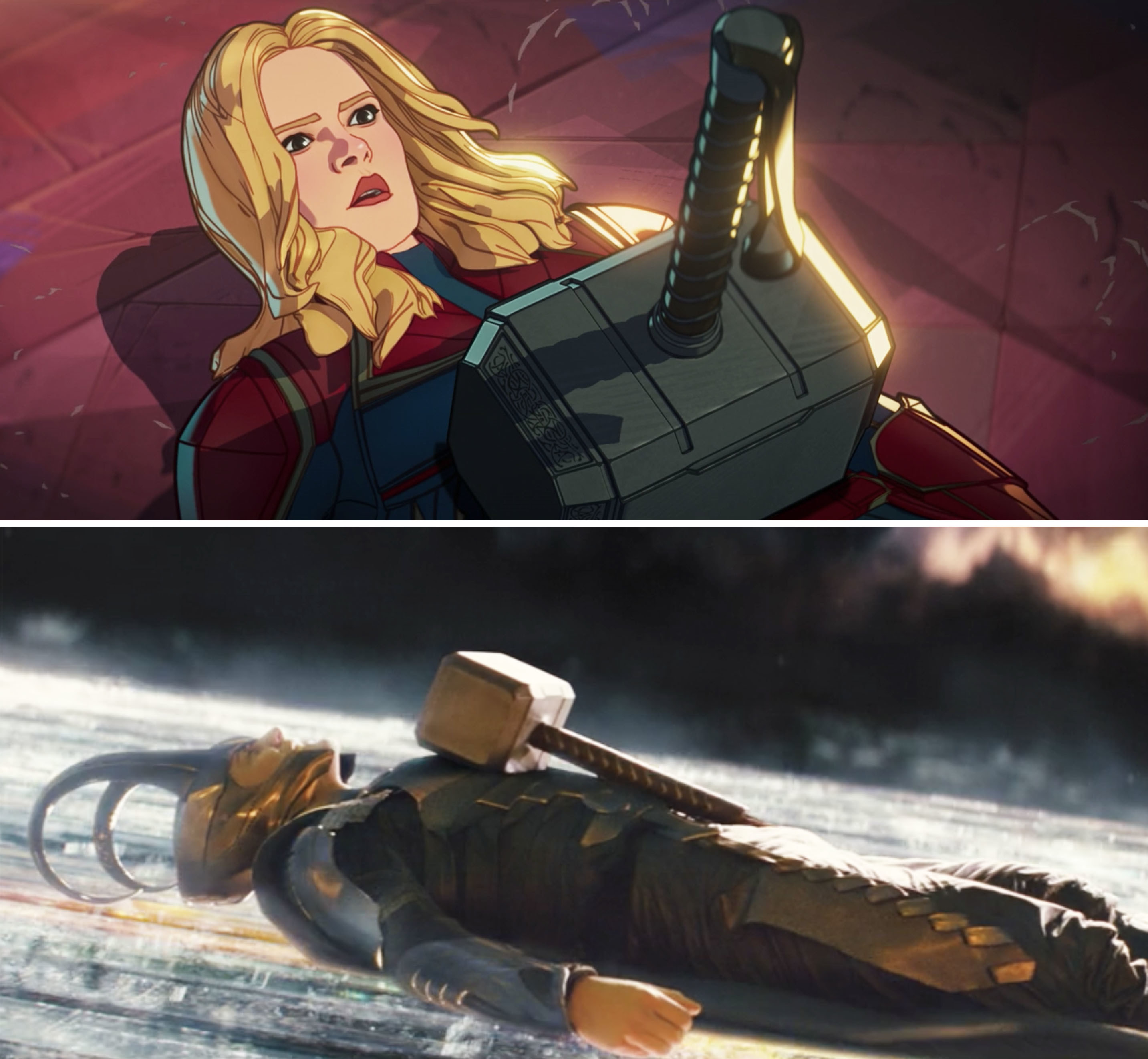 Captain Marvel laying underneath Thor&#x27;s hammer vs Loki doing the same