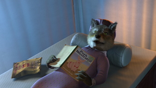 The wolf in bed while reading Pork Illustrated