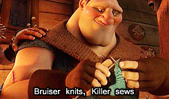 One thug knitting as the other sews a scar up on his arm and the song goes &quot;Bruiser knits, killer sews&quot;