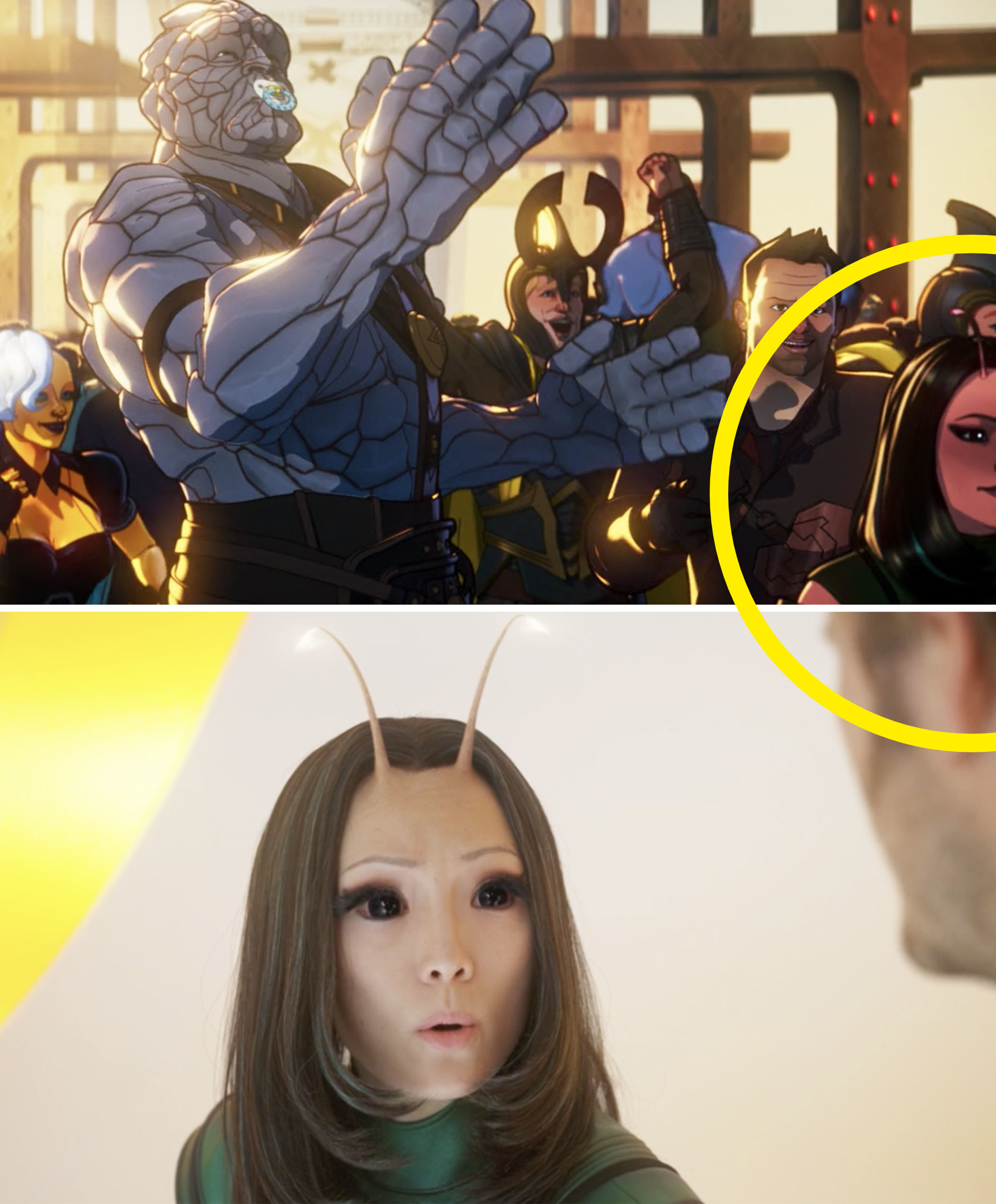 A close-up of Mantis standing next to Korg