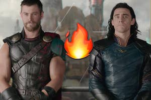 Thor smiles while Loki stands next to him looking worried in "Thor: Ragnarok"