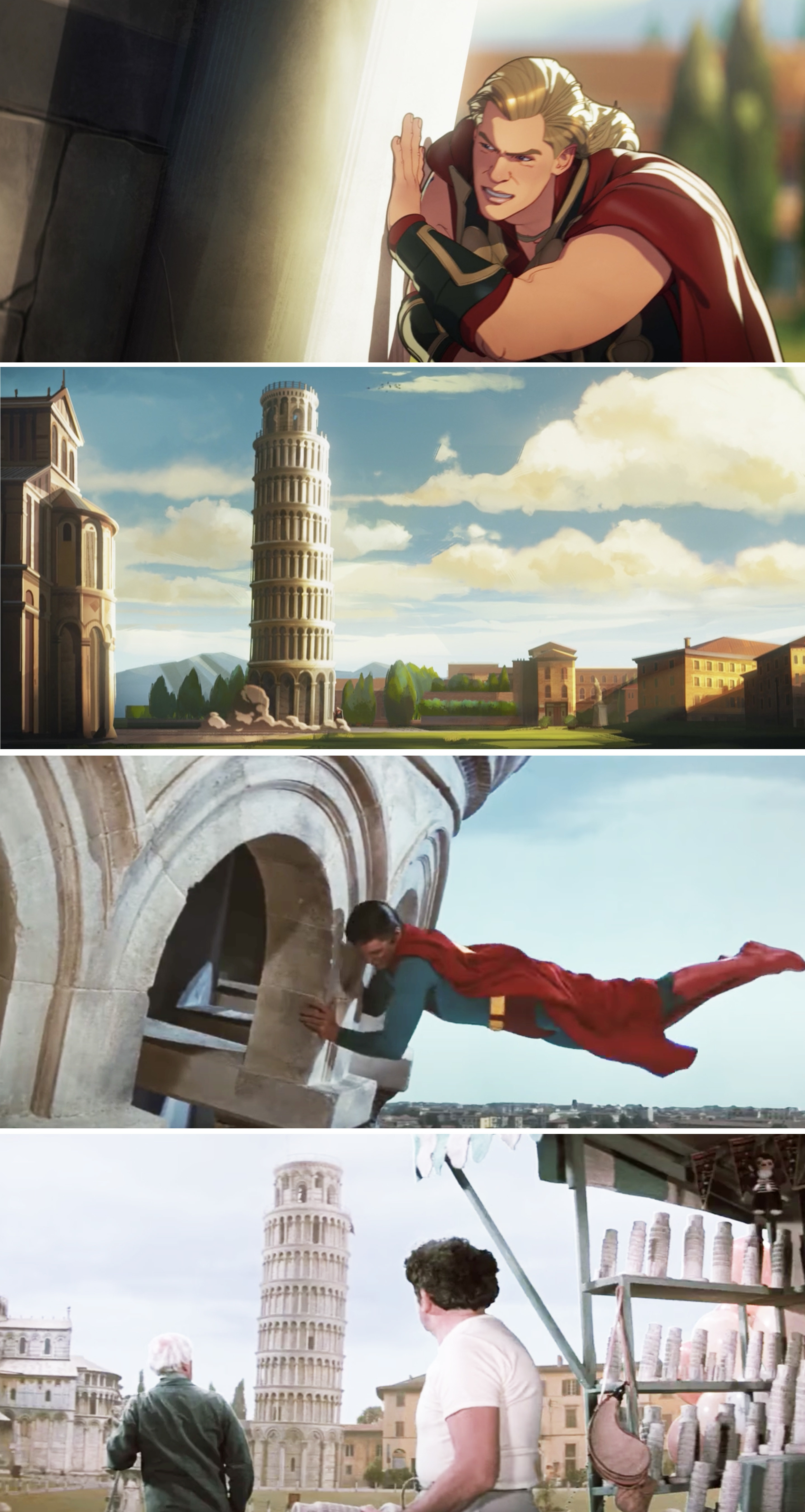 Thor pushing the Leaning Tower of Pisa vs Superman doing the same