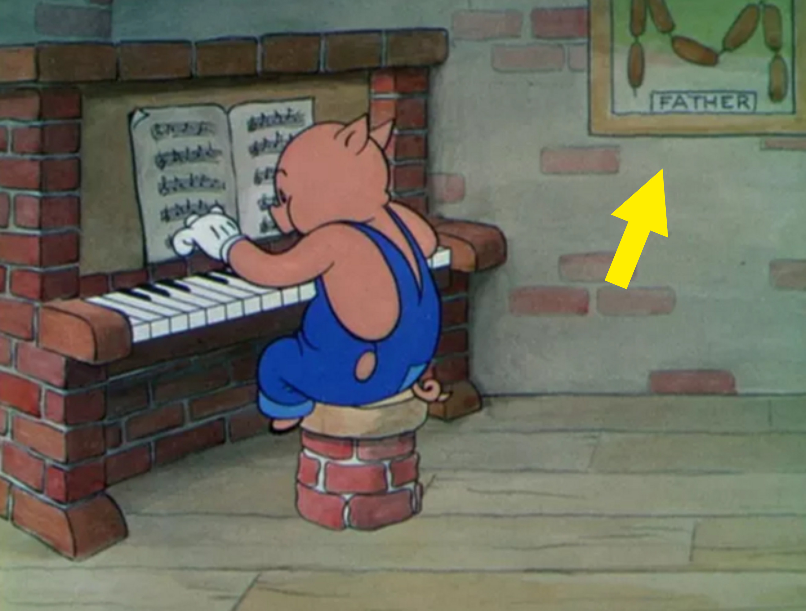 A pig plays the piano and in the background, a photograph of sausages labeled &quot;father&quot; hangs on the wall