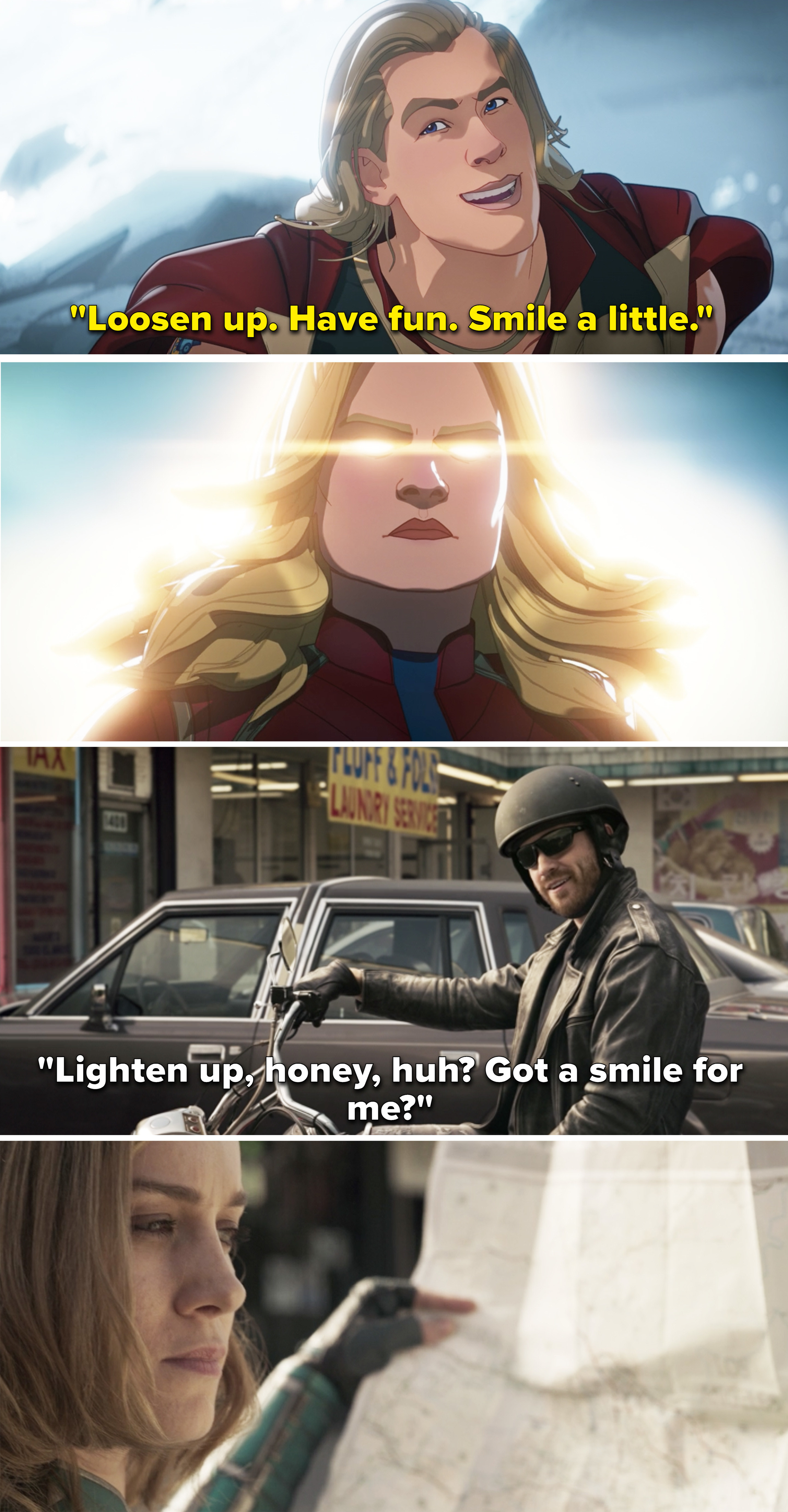 Thor saying, &quot;Loosen up; have fun; smile a little,&quot; vs a guy in Captain Marvel saying, &quot;Lighten up, honey, huh? Got a smile for me?&quot;
