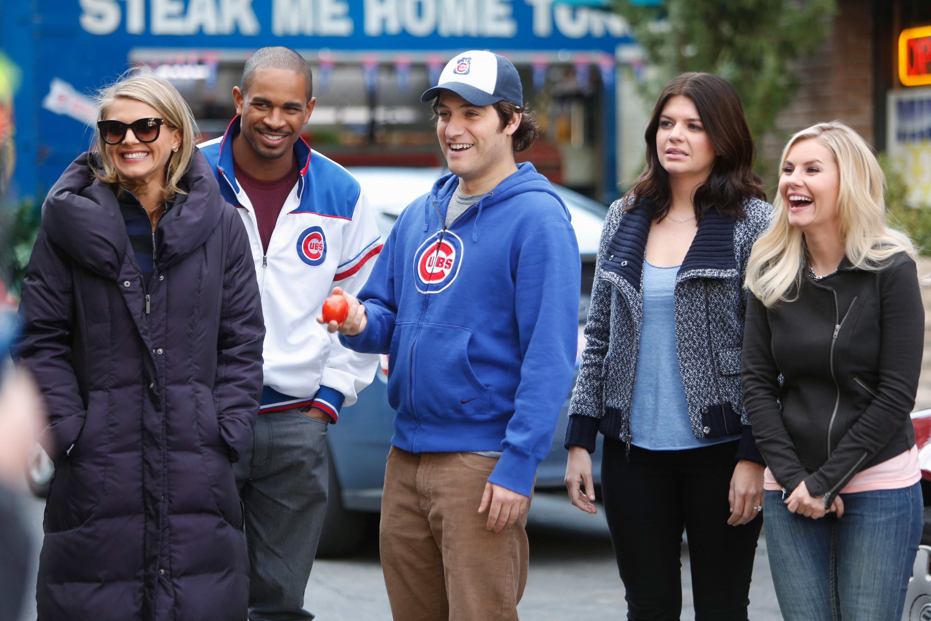 Eliza Coupe, Damon Wayans Jr., Adam Pally, Casey Wilson, and Elisha Cuthbert laughing.