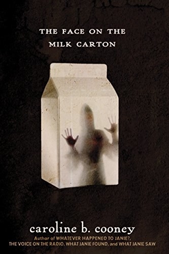 Book cover shows shadow of a girl against an old fashioned milk carton with title text above and author name at bottom