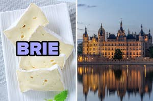 On the left, slices of brie cheese, and on the right, a grand castle at sunset with a body of water in front of it