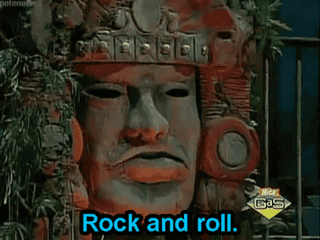 Large animatronic talking Olmec head from the show Legends of the Hidden Temple says, &quot;Rock and roll&quot;