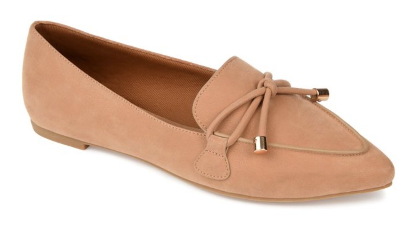 Tan, pointed-toe loafer with a bow &amp;amp; tassel accent