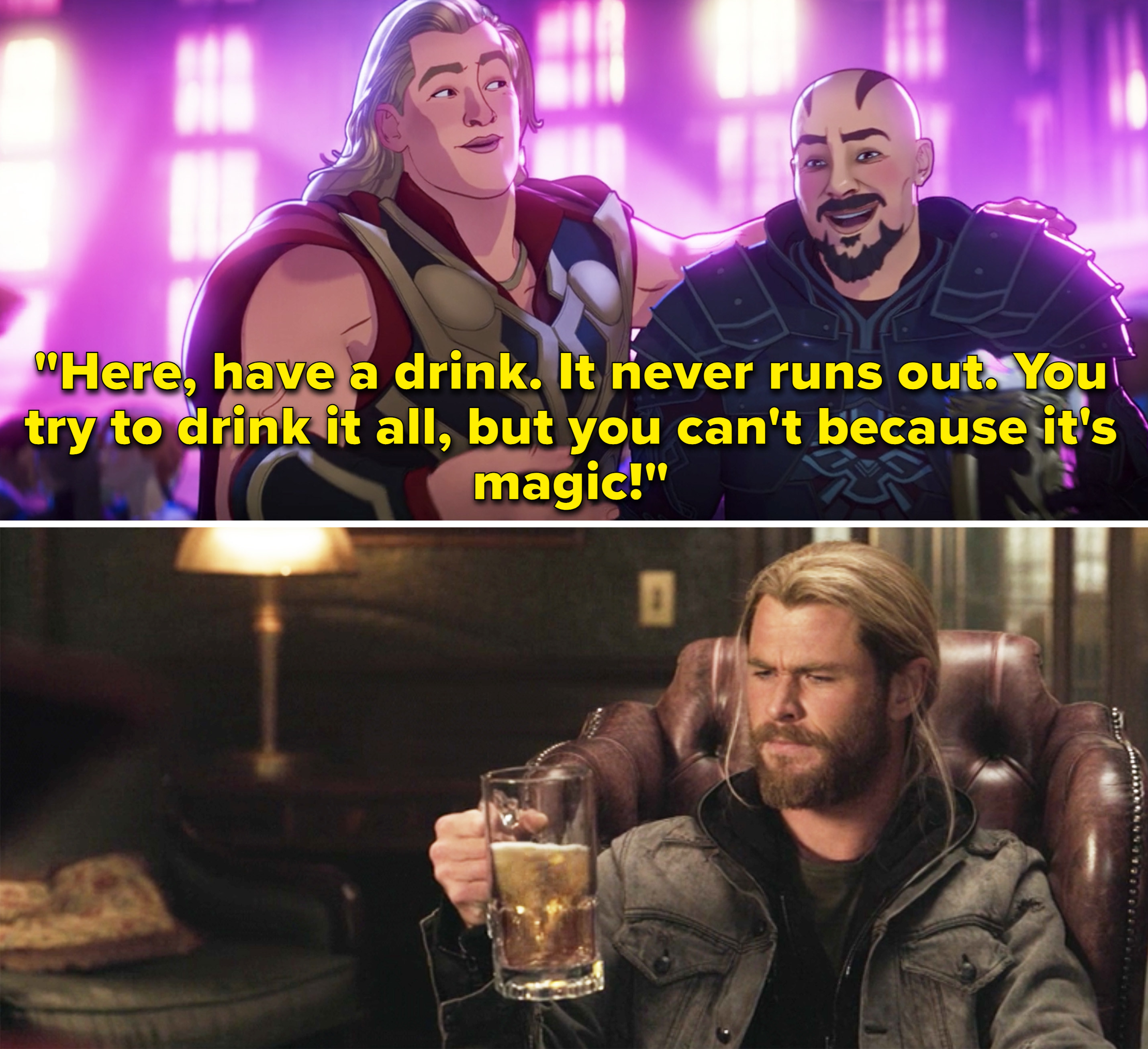 Thor saying, &quot;Here, have a drink. It never runs out. You try to drink it all, but you can&#x27;t because it&#x27;s magic&quot;