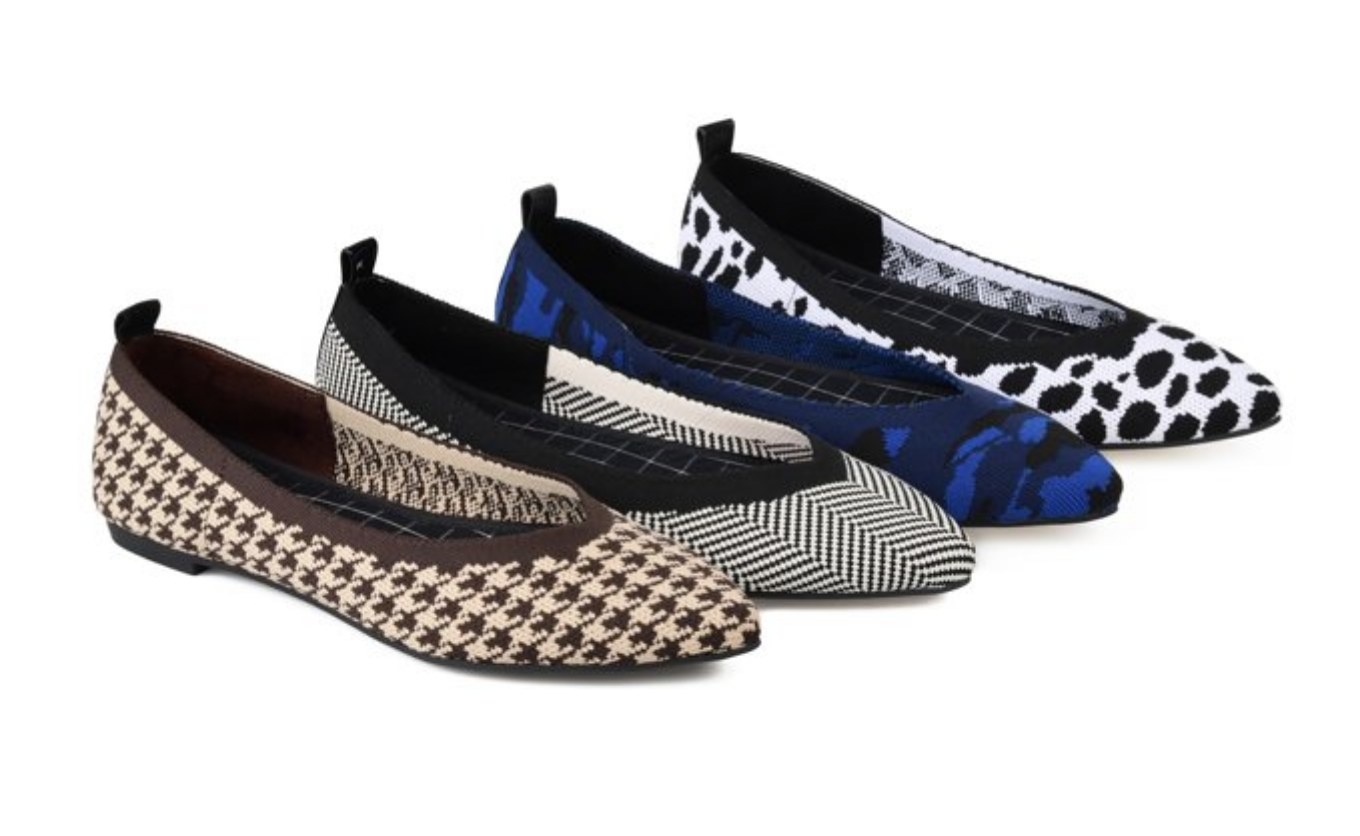 One brown/light brown, one black/white stripe, one navy/royal blue/black, one/black/white dotted multi-patterned knit flat