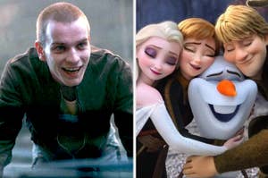 A still from Trainspotting show Ewan McGregor leaning on a car and grinning and a CGI still from Frozen showing Anna, Elsa, Olaf and Kristoff hugging
