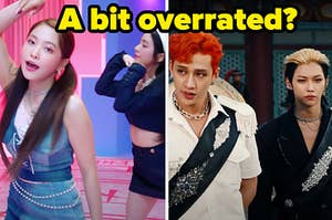 A K-Pop group is dancing on the left with another posing on the right labeled, "A bit overrated?'