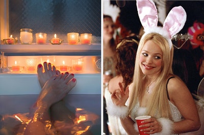 On the left, a closeup of someone's feet in a tub next to some candles, and on the right, Regina George wearing a bunny costume at the Halloween party
