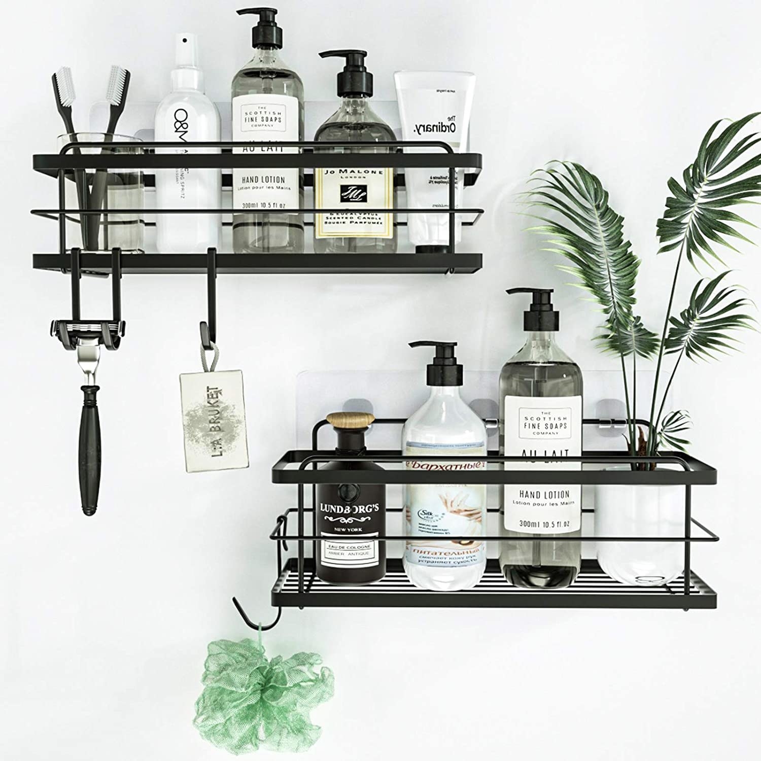 two black wire shelves with multiple bottles of product inside each