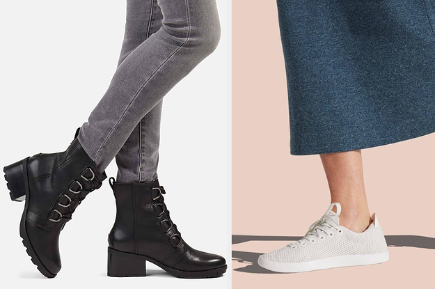 L: a model wearing gray jeans a a black pair of heeled lace-up ankle boots, R: a model wearing off-white knit sneakers with a denim midi skirt