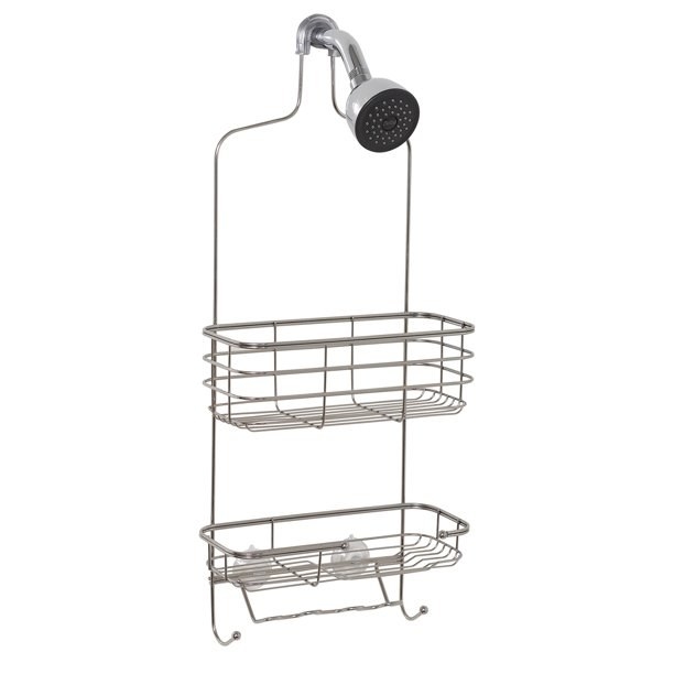 a shower caddy with two shevles and slots for hangers and hooks for loofahs
