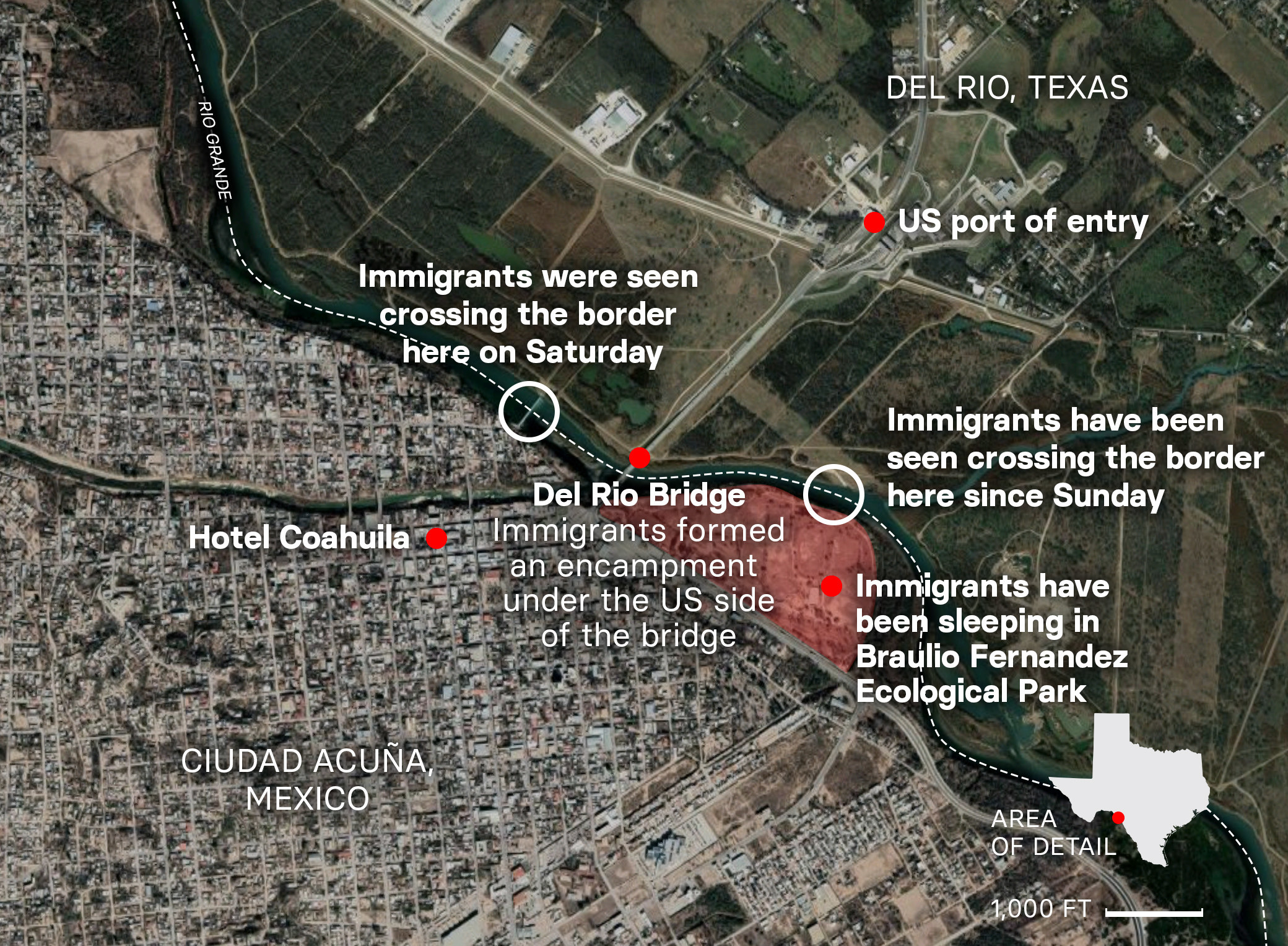 A map of the border between Mexico and the US and relevant locations around Ciudad Acuña, Mexico