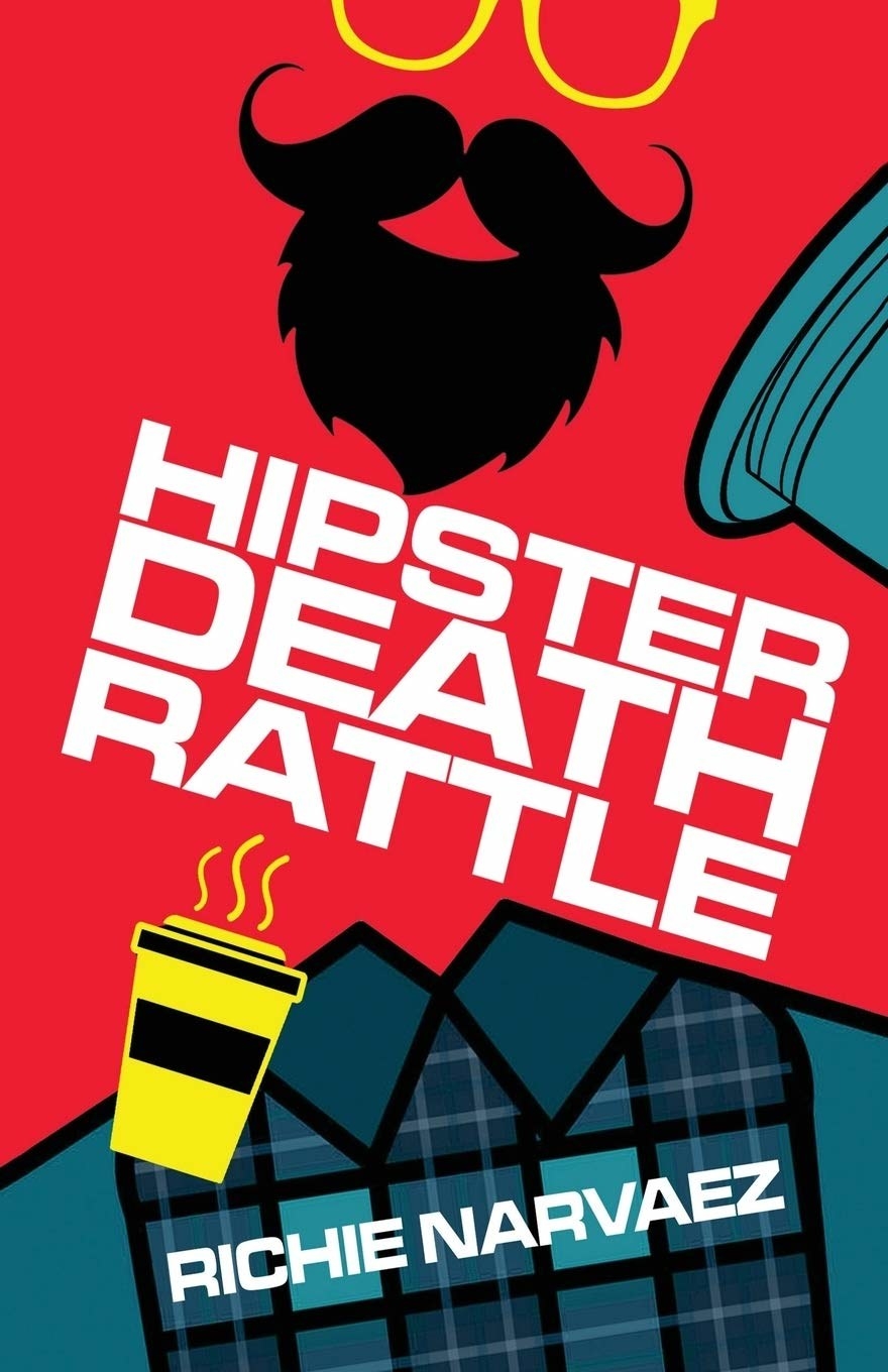 A button up shirt, a steaming paper cup of coffee, and a handlebar mustache decorate the cover to represent the hipsters.