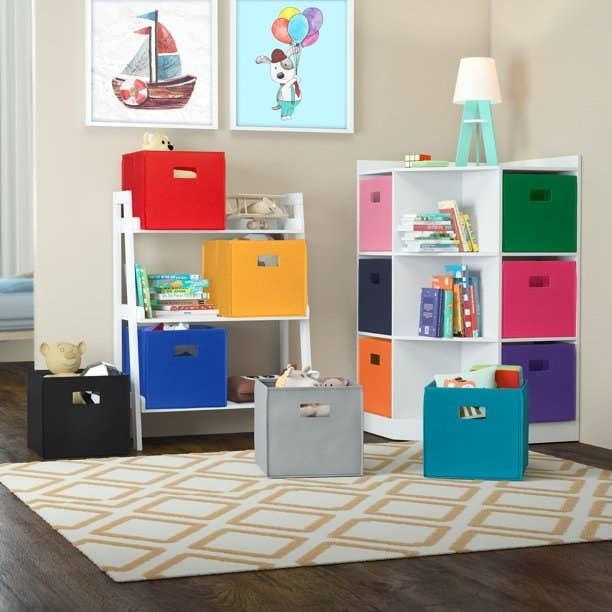 Shelves with colorful bins