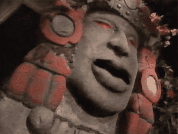 The talking head statue Olmec moves his mouth