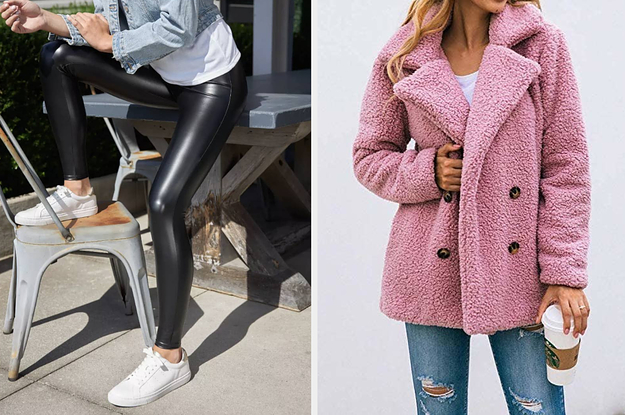 model wearing faux leather leggings, model wearing a teddy pea coat style coat