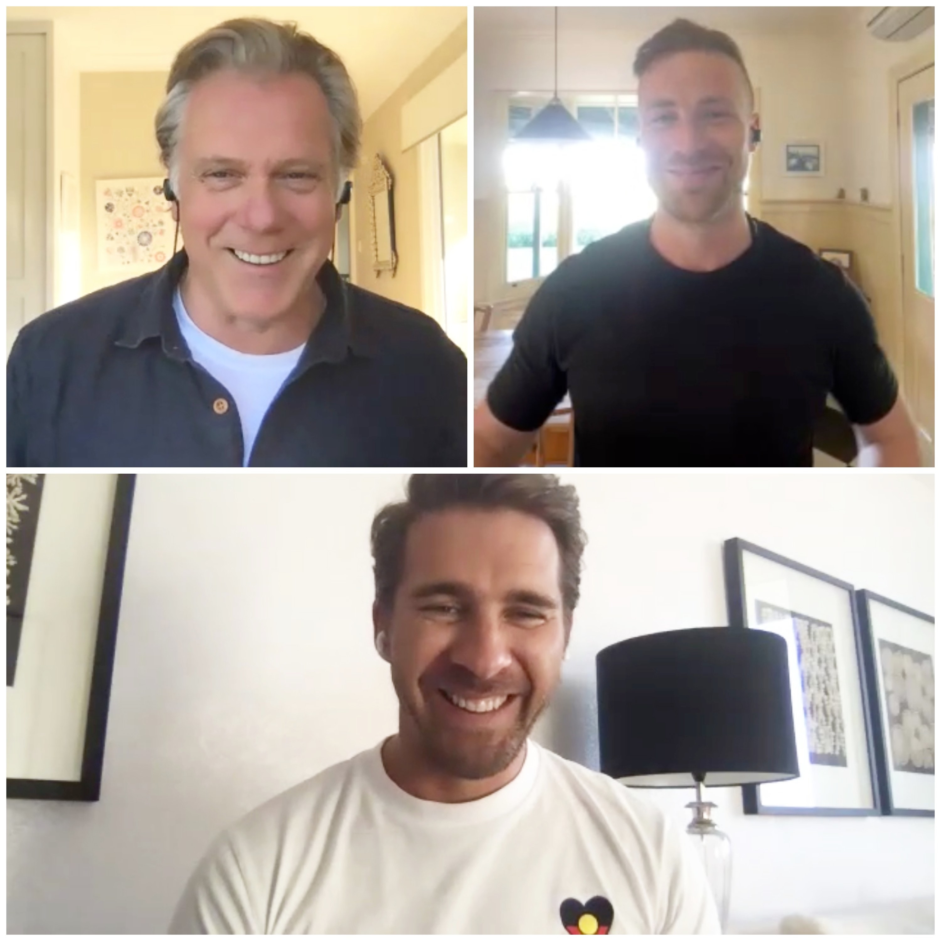 Erik Thomson, Angus McLaren and Hugh Sheridan smiling while on a Zoom call 