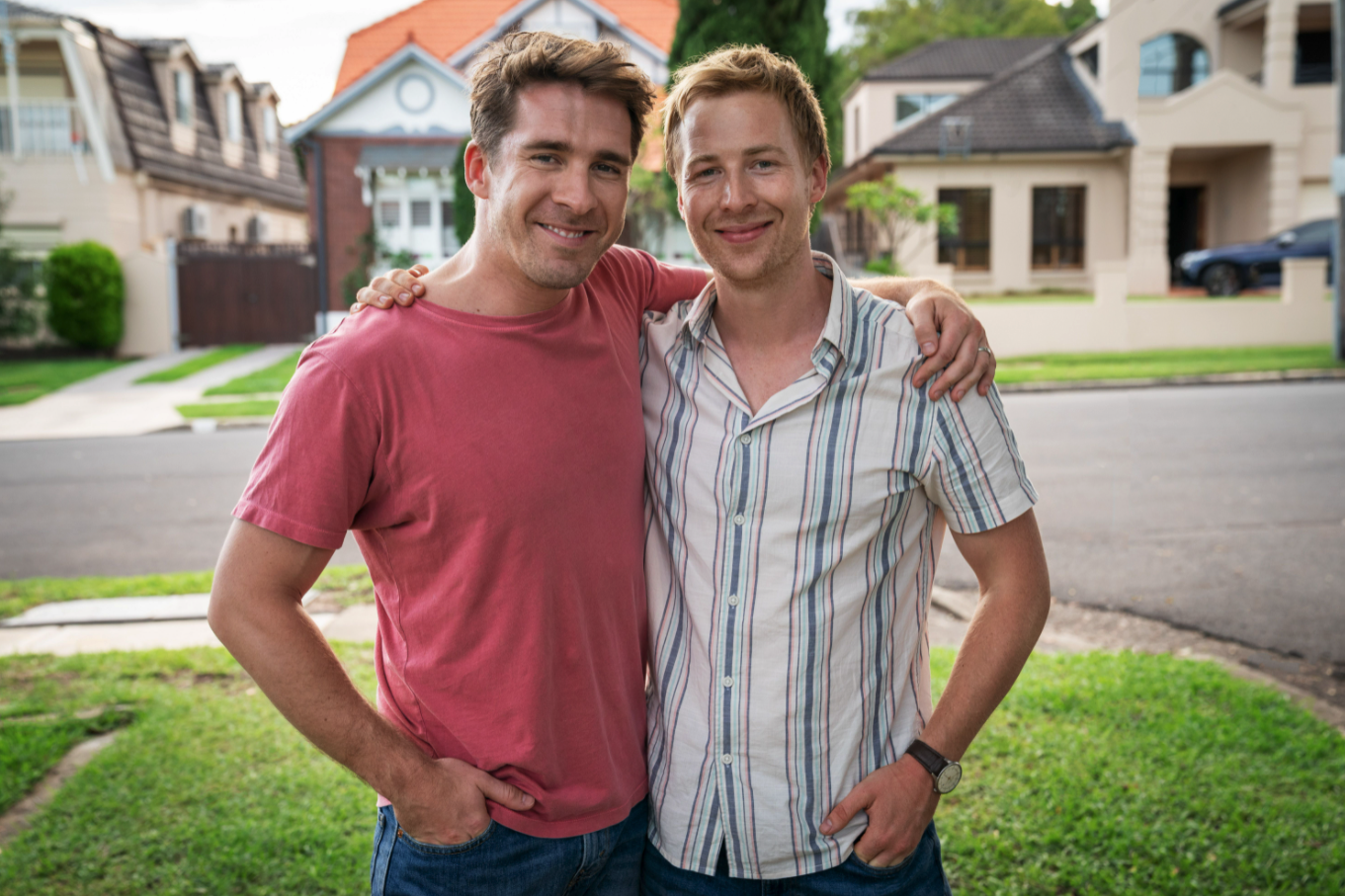 Hugh Sheridan and Angus McLaren with their arms wrapped around each other while posing for a photo