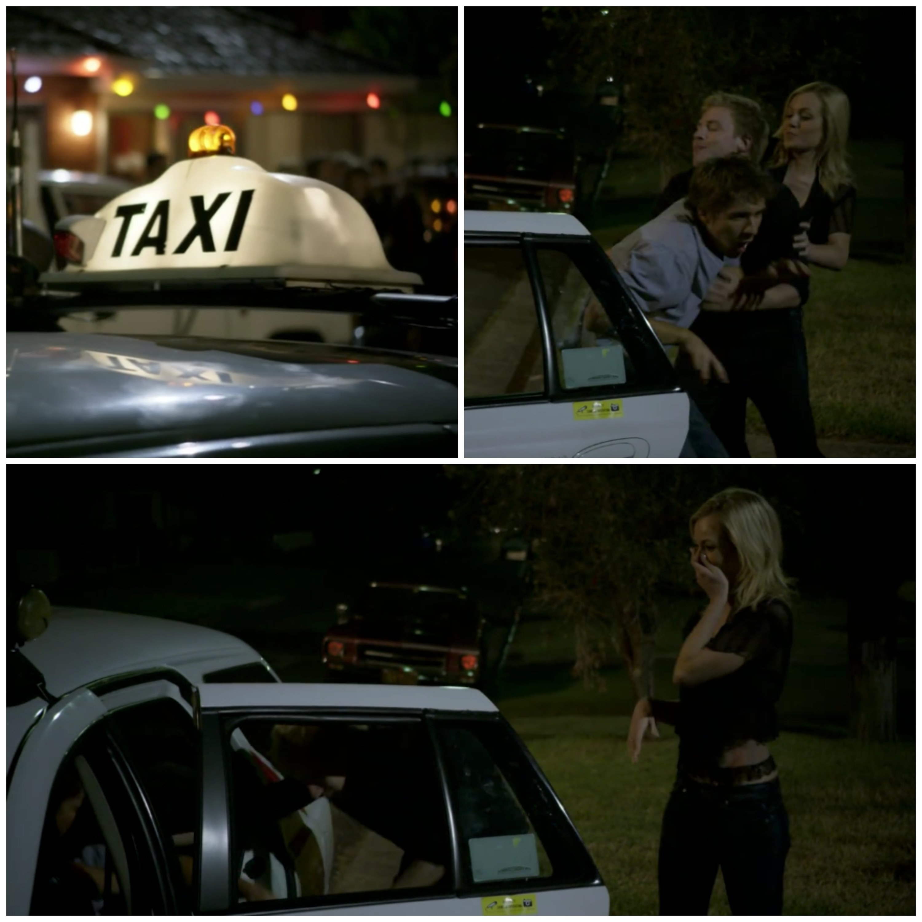 A three-way collage showing a taxi and then Angus and Jess trying to get Hugh into it as part of a scene from Packed To The Rafters