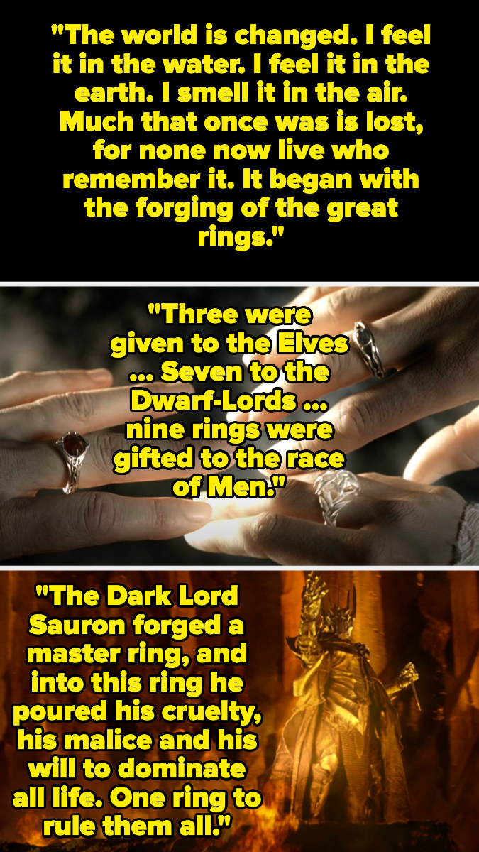 Galadrial narrates the creation of the rings, which were given to elves, dwarves, and men, and the how Sauron created one evil ring to rule them all