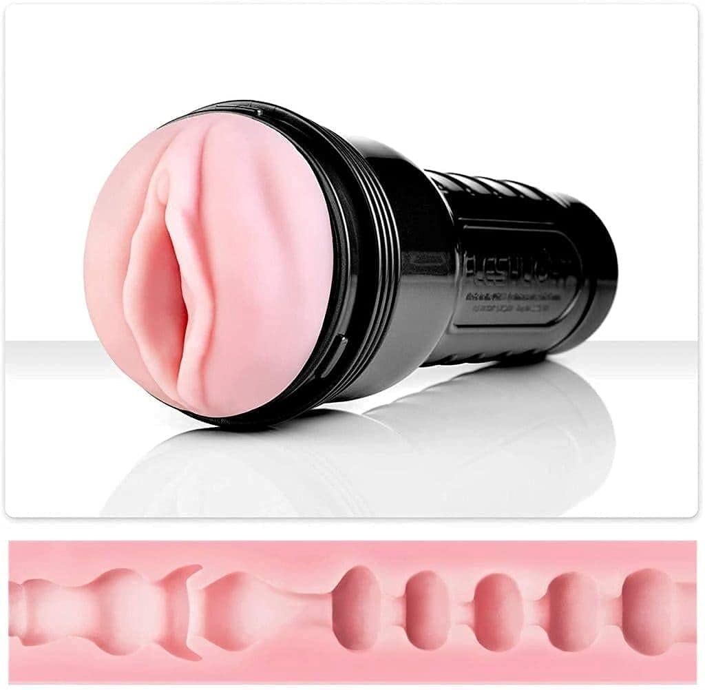 Black and pink realistic fleshlight with display of internal ribbing