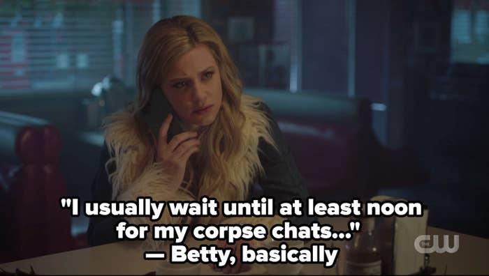 Betty on the phone with the caption i usually wait until at least noon for my corpse chats