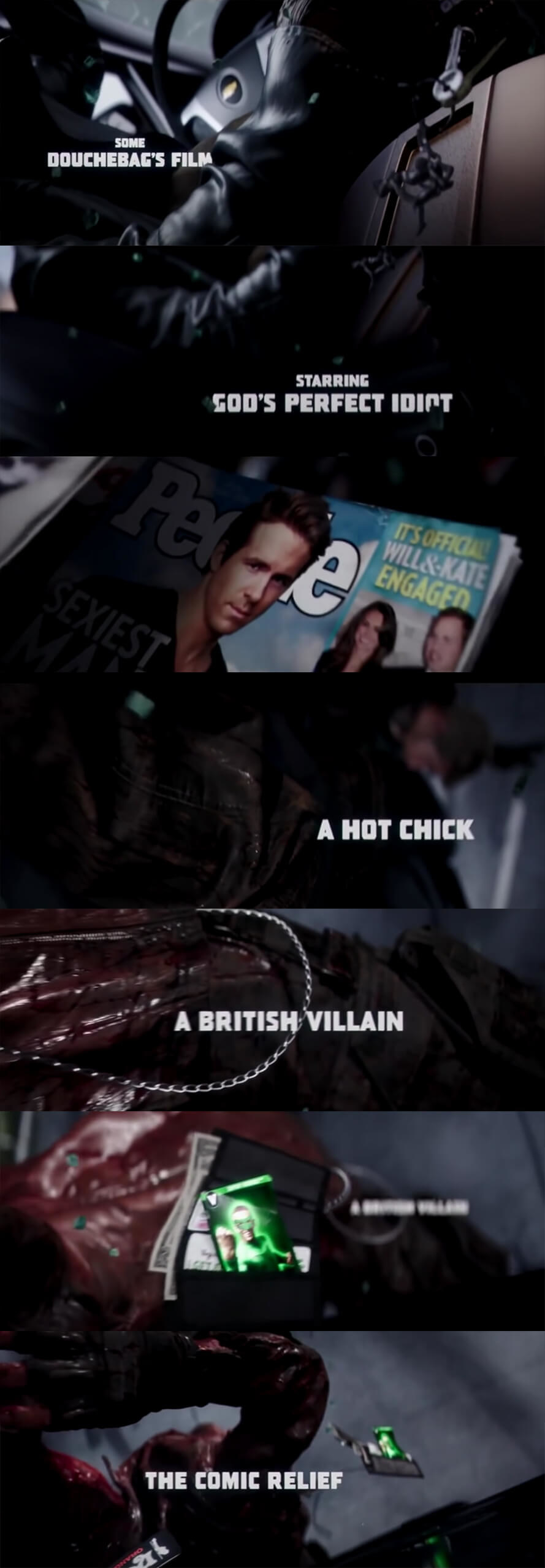 credits naming characters like the comic relief and a british villain and god&#x27;s perfect idiot (with a people magazine cover of ryan reynolds) as we go through an action scene in slo-mo and see someone&#x27;s purse with a Green Lantern card in it