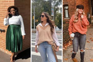 left image: reviewer wearing green iridescent skirt, middle image: reviewer wearing houndstooth sweater vest, right image: reviewer wearing turtleneck sweater