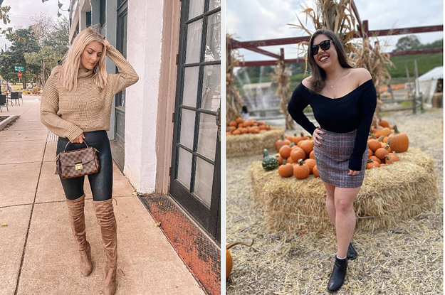 left image: reviewer wearing beige sweater with leather pants, right image: reviewer wearing plaid skirt with black top