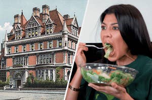 an illustration of a house on the left and kourtney kardashian eating a salad on the right