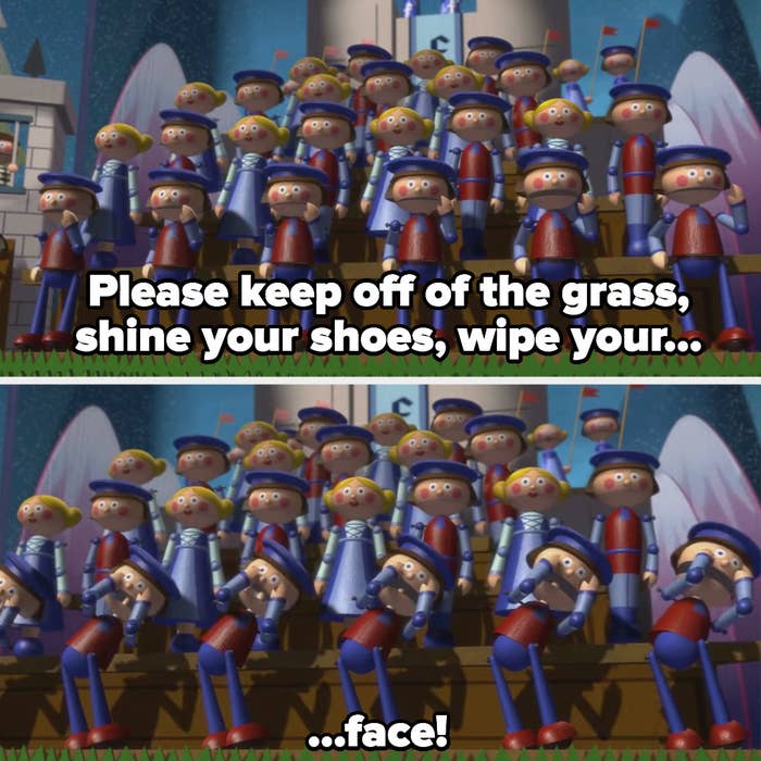 the puppets sing, &quot;please keep off of the grass, shine your shoes, wipe your...face!&quot;