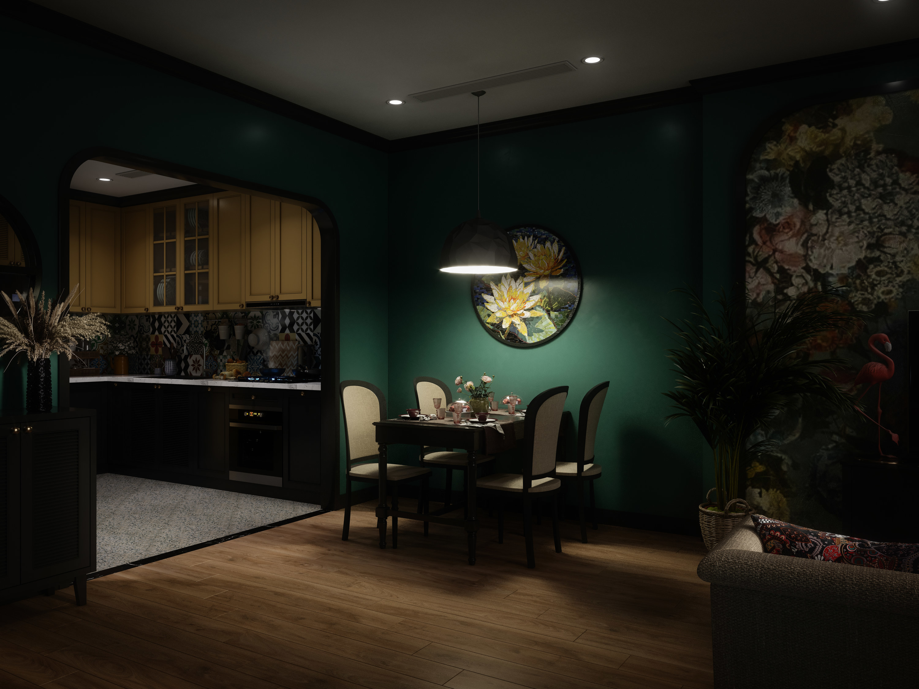 a dark living and dining room