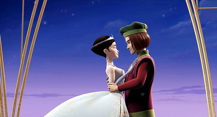 Cinderella in the arms of a prince with weird CG animation from the early 2000s