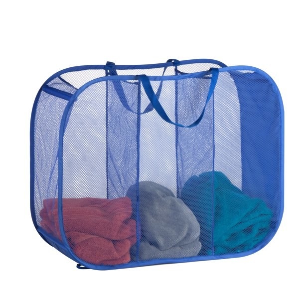 a blue laundry basket with three compartments